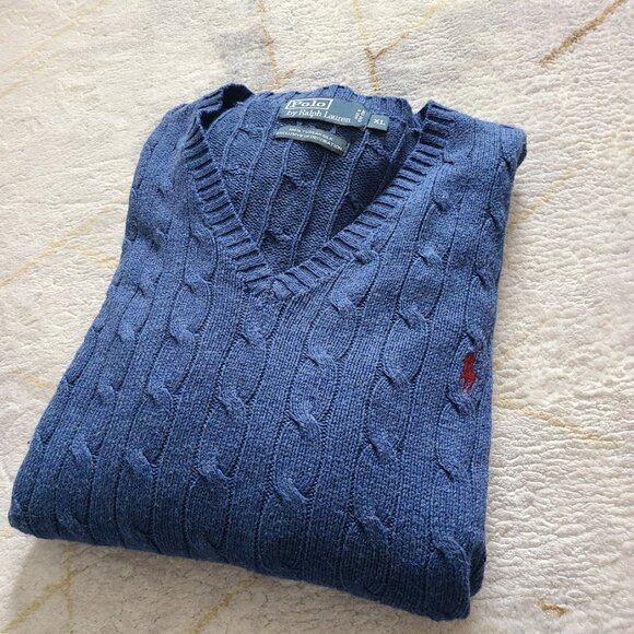 Polo Ralph Lauren 100% Tussah Silk Cable Knit Sweater XL Blue Pony - Picture 7 of 8